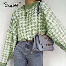 Load image into Gallery viewer, Simplee Women geometric khaki knitted sweater women casual Houndstooth lady pullover sweater female Autumn winter retro jumper
